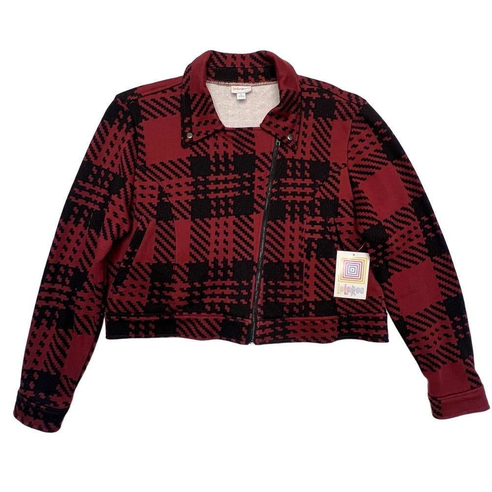 LuLaRoe Asymmetrical Zipper Cropped Red Black Plaid Moto Jacket NWT Size XL